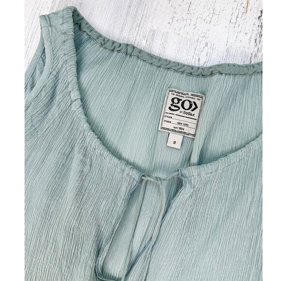 Go> by Gosilk Light Teal Cold Shoulder Washable Silk Peasant Top - Picture 6 of 7